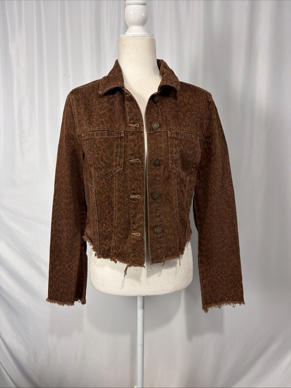 Liverpool Women’s Brown Distressed Animal Print Denim Jacket Sz XS